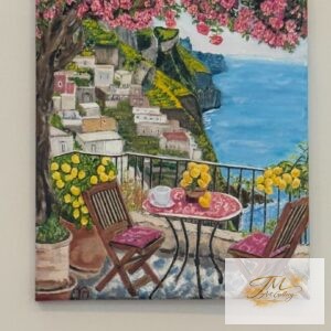 Coastal painting with vibrant flowers and sea
