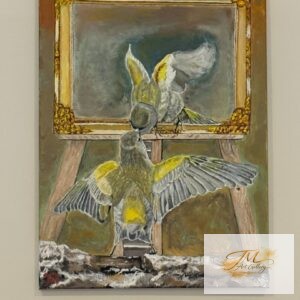 Bird admiring reflection in mirror painting.