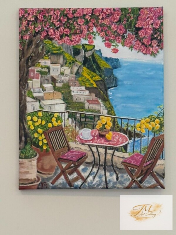 <strong style="display:block; color:#D4AF37; font-size:1.2em; font-weight:700; margin-bottom:8px; line-height:1.3;">Afternoon Tea</strong><br>
<span style="display:block; font-size:0.95em; color:#666; margin-bottom:10px; font-style:italic;">16" x 20" | Original Acrylic on Canvas</span><br>
<span style="display:block; font-size:0.9em; color:#555; line-height:1.6;">Perched above the coastline, a table set for a fleeting moment of peace, where the world feels distant, and everything is enough.</span> Coastal painting with vibrant flowers and sea