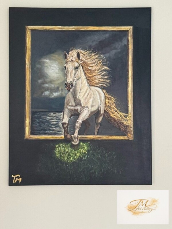 <strong style="display:block; color:#D4AF37; font-size:1.2em; font-weight:700; margin-bottom:8px; line-height:1.3;">Born Of Wind And Sea</strong><br>
<span style="display:block; font-size:0.95em; color:#666; margin-bottom:10px; font-style:italic;">24" x 30" | Original Acrylic on Canvas</span><br>
<span style="display:block; font-size:0.9em; color:#555; line-height:1.6;">Emerging with untamed force, a spirit shaped by wind and sea breaks beyond its boundaries.</span> White horse in surreal painting scene