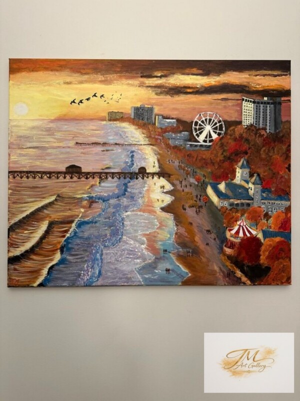 <strong style="display:block; color:#D4AF37; font-size:1.2em; font-weight:700; margin-bottom:8px; line-height:1.3;">Fall at Myrtle Beach</strong><br>
<span style="display:block; font-size:0.95em; color:#666; margin-bottom:10px; font-style:italic;">24" x 30" | Original Acrylic on Canvas.</span><br>
<span style="display:block; font-size:0.9em; color:#555; line-height:1.6;">As the season shifts, Myrtle Beach takes on a quieter, warmer glow, where the energy of summer softens into moments of calm, reflection, and lingering light. This piece captures the beauty of a familiar place, seen through the warmth of fall.</span> Ocean view with autumn trees