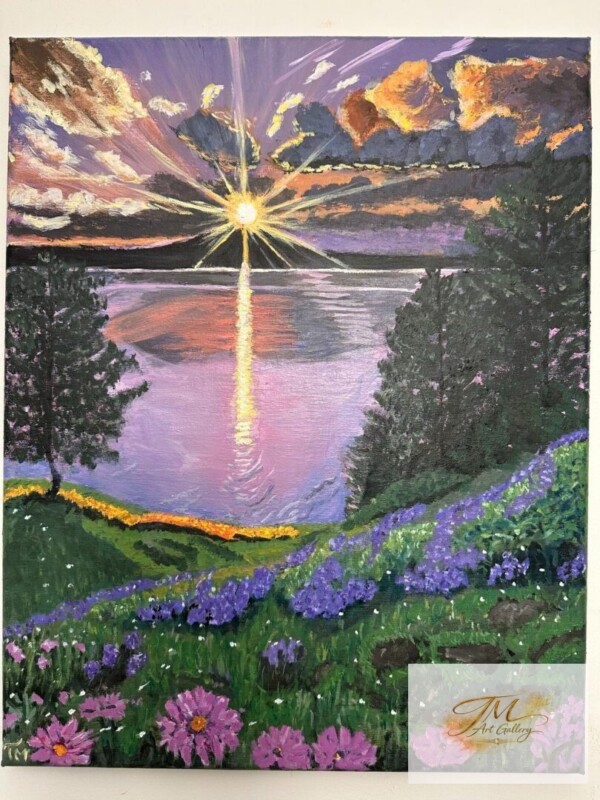 <strong style="display:block; color:#D4AF37; font-size:1.2em; font-weight:700; margin-bottom:8px; line-height:1.3;">Purple Haze</strong><br>
<span style="display:block; font-size:0.95em; color:#666; margin-bottom:10px; font-style:italic;">16" x 20" | Original Acrylic on Canvas</span><br>
<span style="display:block; font-size:0.9em; color:#555; line-height:1.6;">A light breaks through the horizon , a field of violet blooms glows beneath its warmth, a moment where color, light, and hope comes alive together.</span> Colorful evening sky above tranquil water