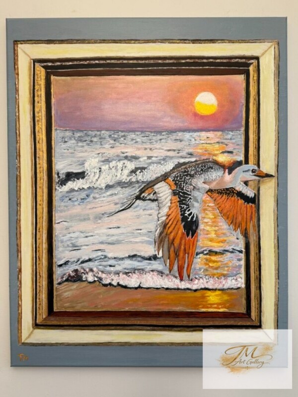 <strong style="display:block; color:#D4AF37; font-size:1.2em; font-weight:700; margin-bottom:8px; line-height:1.3;">Uncharted Flight</strong><br>
<span style="display:block; font-size:0.95em; color:#666; margin-bottom:10px; font-style:italic;">24" x 30" | Original Acrylic on Canvas</span><br>
<span style="display:block; font-size:0.9em; color:#555; line-height:1.6;">Breaking beyond the edge of the known , this piece captures the moment of fearless transition, where instinct leads and limits disappear.</span> Seascape painting with bird illusion