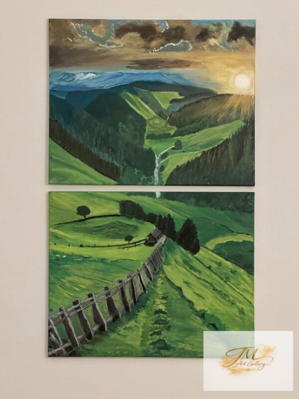 <strong style="display:block; color:#D4AF37; font-size:1.2em; font-weight:700; margin-bottom:8px; line-height:1.3;">Endless Valley</strong><br>
<span style="display:block; font-size:0.95em; color:#666; margin-bottom:10px; font-style:italic;">24" x 30" | Original Acrylic on Canvas</span><br>
<span style="display:block; font-size:0.9em; color:#555; line-height:1.6;">Layered in light and distance, the landscape invites a sense of openness, where the journey is not defined by an end, but by the endless unfolding of what lies beyond.</span> Scenic countryside art with hills and sun
