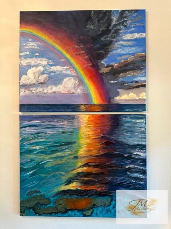 <strong style="display:block; color:#D4AF37; font-size:1.2em; font-weight:700; margin-bottom:8px; line-height:1.3;">Iris</strong><br>
<span style="display:block; font-size:0.95em; color:#666; margin-bottom:10px; font-style:italic;">24" x 30" | Original Acrylic on Canvas</span><br>
<span style="display:block; font-size:0.9em; color:#555; line-height:1.6;">In a time of grief, I found myself caught between darkness and light.yet the rainbow reminded me that beauty can still break through. This piece is not just about what I saw, it’s about what I felt: the quiet return of hope.</span> Vibrant seascape with rainbow reflection