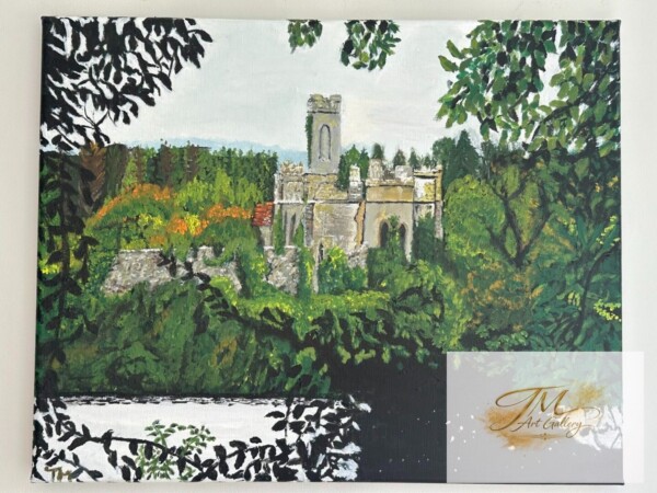 <strong style="display:block; color:#D4AF37; font-size:1.2em; font-weight:700; margin-bottom:8px; line-height:1.3;">McDermott Castle</strong><br>
<span style="display:block; font-size:0.95em; color:#666; margin-bottom:10px; font-style:italic;">16" x 20" | Original Acrylic on Canvas</span><br>
<span style="display:block; font-size:0.9em; color:#555; line-height:1.6;">Set within the quiet beauty of Ireland, McDermott Castle stands as a symbol of heritage and belonging. For me, this piece holds a deeper connection, my husband's name, his roots, and a place that reflects a part of who we are. It is both a landscape and a story of identity, history and home.</span> Historic castle amidst vibrant forest landscape