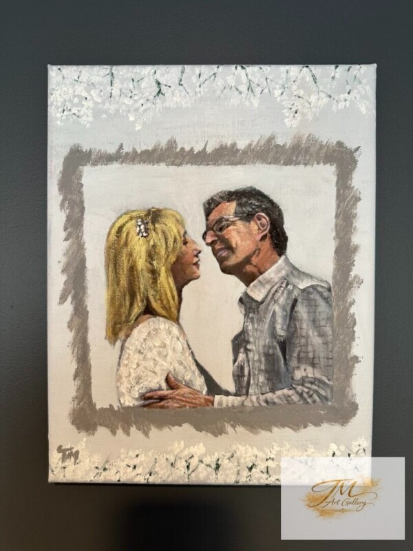 <strong style="display:block; color:#D4AF37; font-size:1.2em; font-weight:700; margin-bottom:8px; line-height:1.3;">Never Ending Love</strong><br>
<span style="display:block; font-size:0.95em; color:#666; margin-bottom:10px; font-style:italic;">10" x 12" | Original Acrylic on Canvas</span><br>
<span style="display:block; font-size:0.9em; color:#555; line-height:1.6;">My husband and I first kiss after wedding.</span>