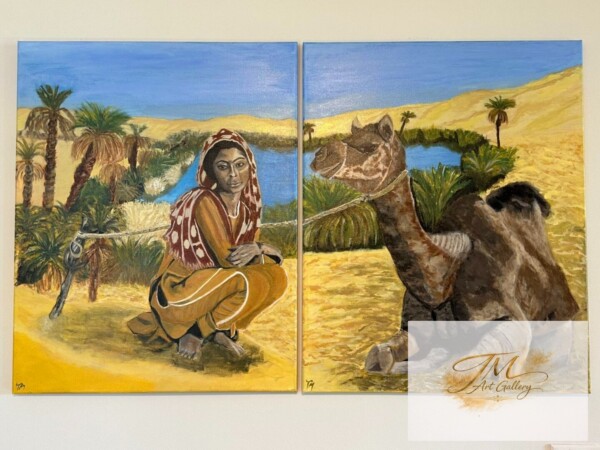 <strong style="display:block; color:#D4AF37; font-size:1.2em; font-weight:700; margin-bottom:8px; line-height:1.3;">Girl in the Desert.</strong><br>
<span style="display:block; font-size:0.95em; color:#666; margin-bottom:10px; font-style:italic;">24" x 30" | Original Acrylic on Canvas</span><br>
<span style="display:block; font-size:0.9em; color:#555; line-height:1.6;">In the stillness of the desert, she sits between solitude and strength. Surrounded by vast silence, her presence speaks of resilience, a quite endurance shaped by both hardship and grace.</span>